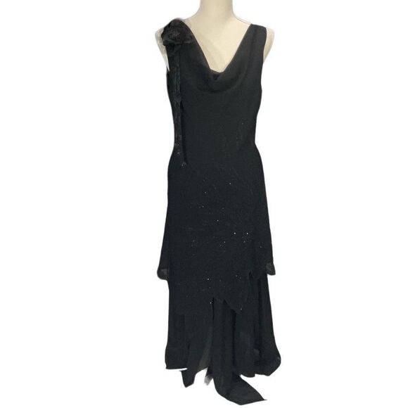 Vintage Dollar 80’s Beaded 2 Layers Black Cowl Neck Formal Maxi Dress Sz Large - Picture 1 of 8